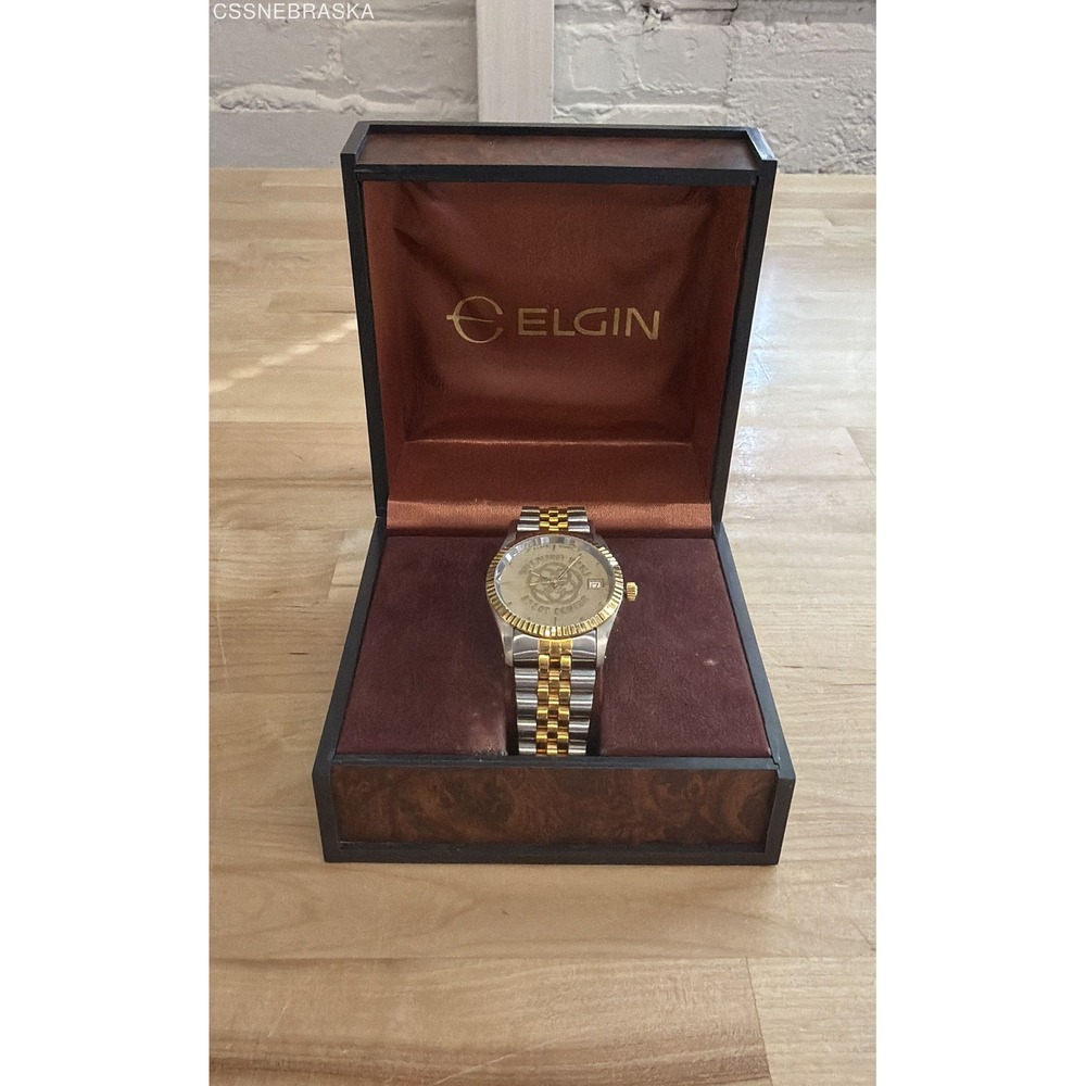 Vintage Elgin Men's Quartz Watch Two Tone Gold Fluted Bezel Jubilee Date Boxed